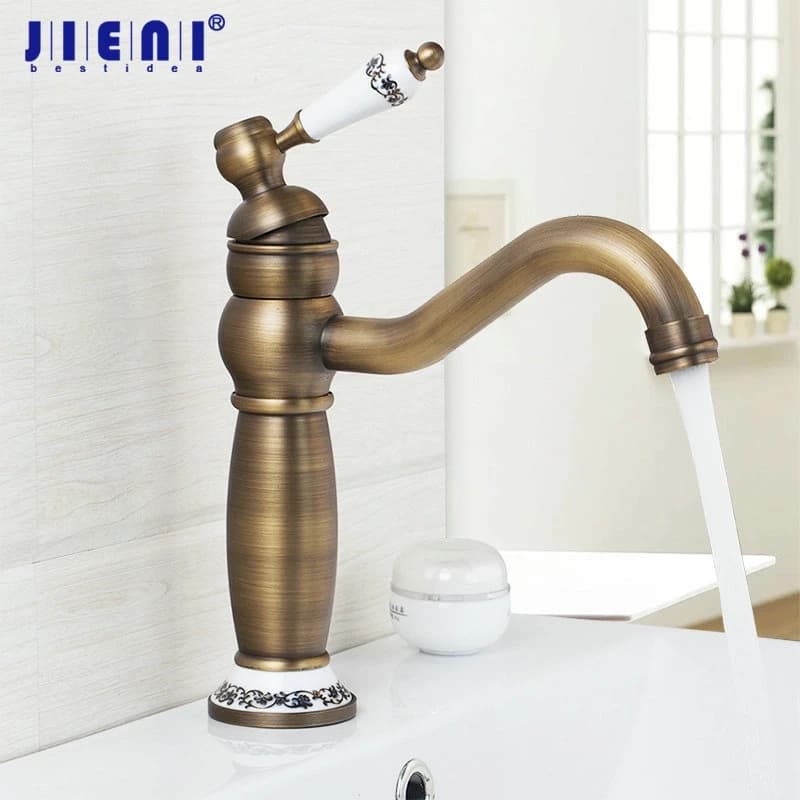 JIENI Rubinetto per lavabo da bagno in ottone antico Rubinetto con beccuccio per flusso Miscelatore caldo e freddo Rubinetto da appoggio Maniglia con finitura in ceramica