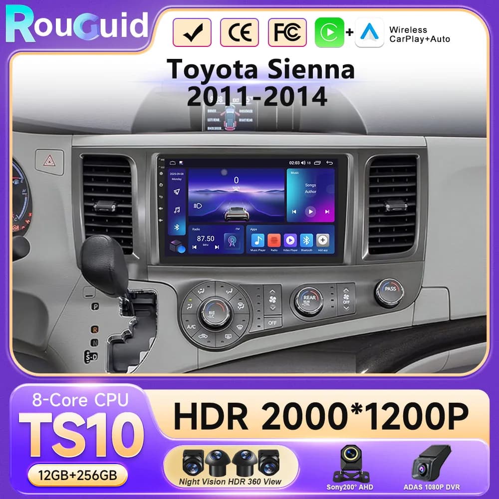 Android 16 Carplay Auto Car Radio Multimedia Video Player For Toyota Sienna 2011 - 2014 Car Autoradio Stereo Touch QLED Screen