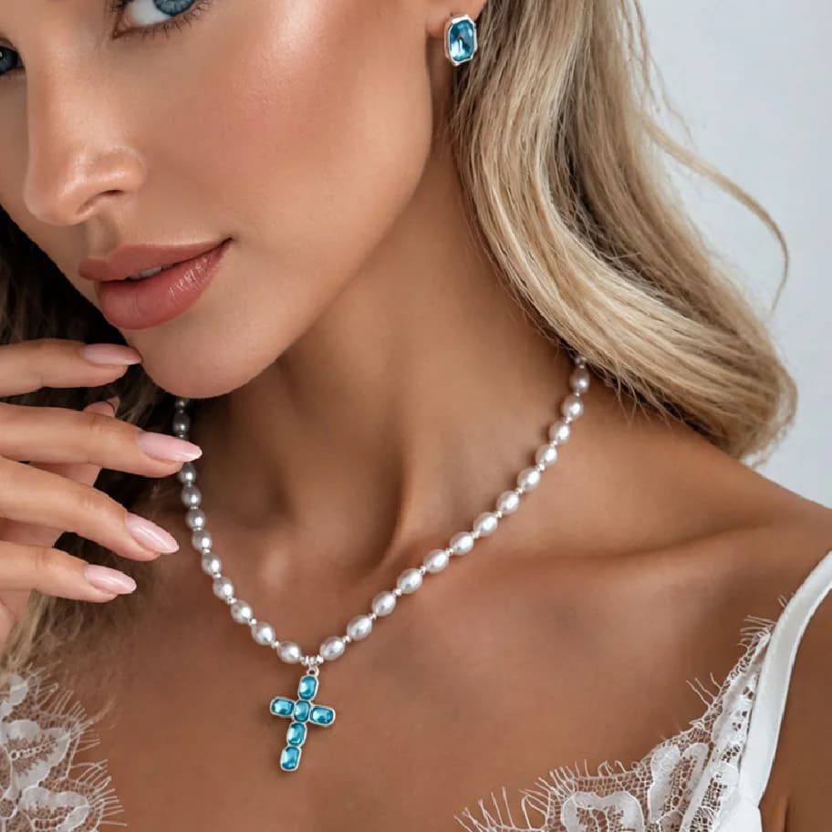 Personalized Sweet Colored Acrylic Diamond Cross Pendant Necklaces for Women Elliptical Imitation Pearl Choker Necklace