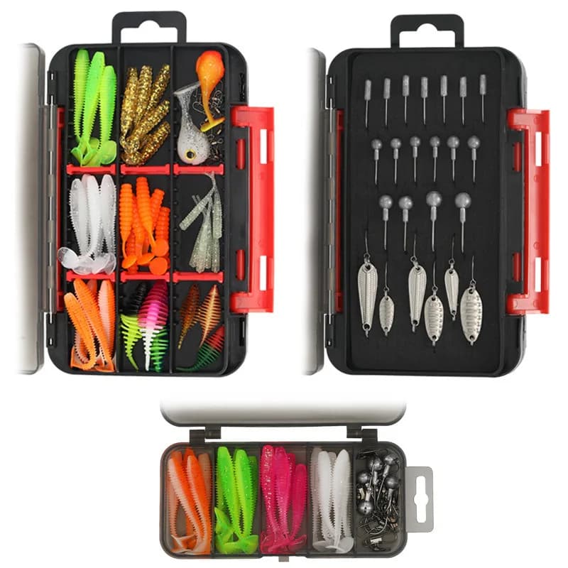 75/35 PCS Kit esche da pesca con teste jig Set di ganci a sfera rotonda per esche morbide a vite senza fine Acqua dolce salata adatta con scatola per attrezzatura