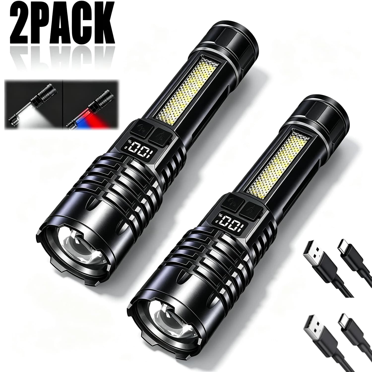 High power LED torch, rechargeable via USB-C, waterproof, with COB side light, portable zoom, for camping, hiking and outdoor activities.