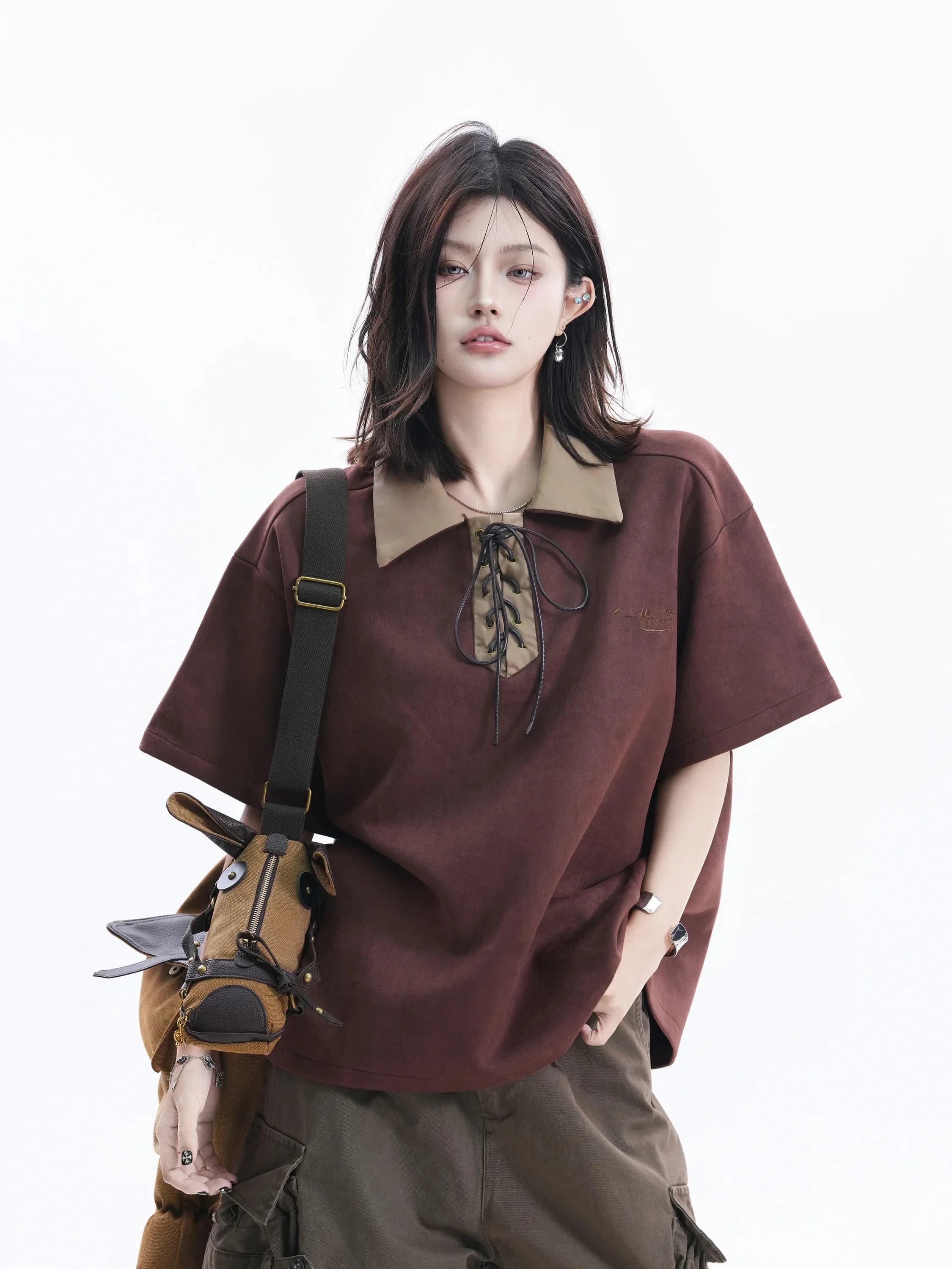 Retro American Style Women's Neck T-shirt Summer Loose Slimming Suede Short Sleeve Binding Design Casual Shirt