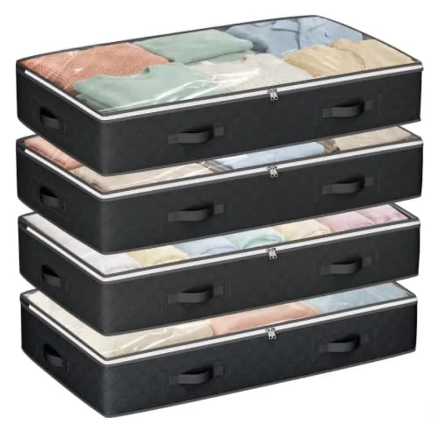90L Under Bed Storage, 4 Pack Closet Organizers Black Foldable underbed storage bins for linen sheets, blanket, clothing, comfo