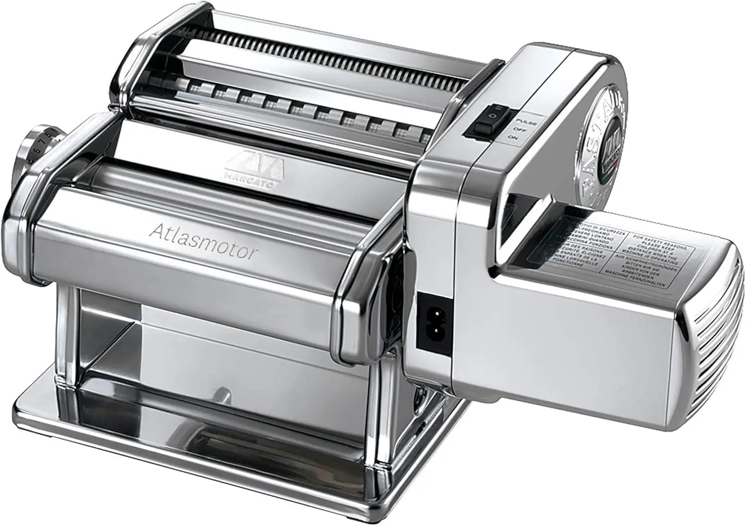 Macchina per pasta elettrica con motore, acciaio cromato, include Atlas 150, manovella, morsetto e manuale