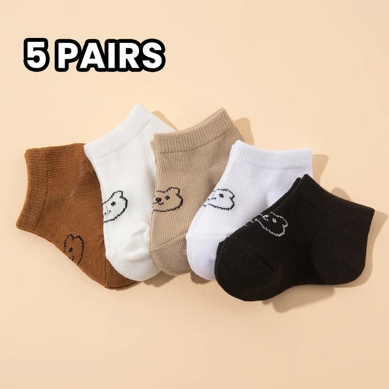 5 Pairs Bear-Patterned Baby Socks, Versatile Ankle Socks for Children, Suitable for Spring and Summer Seasons