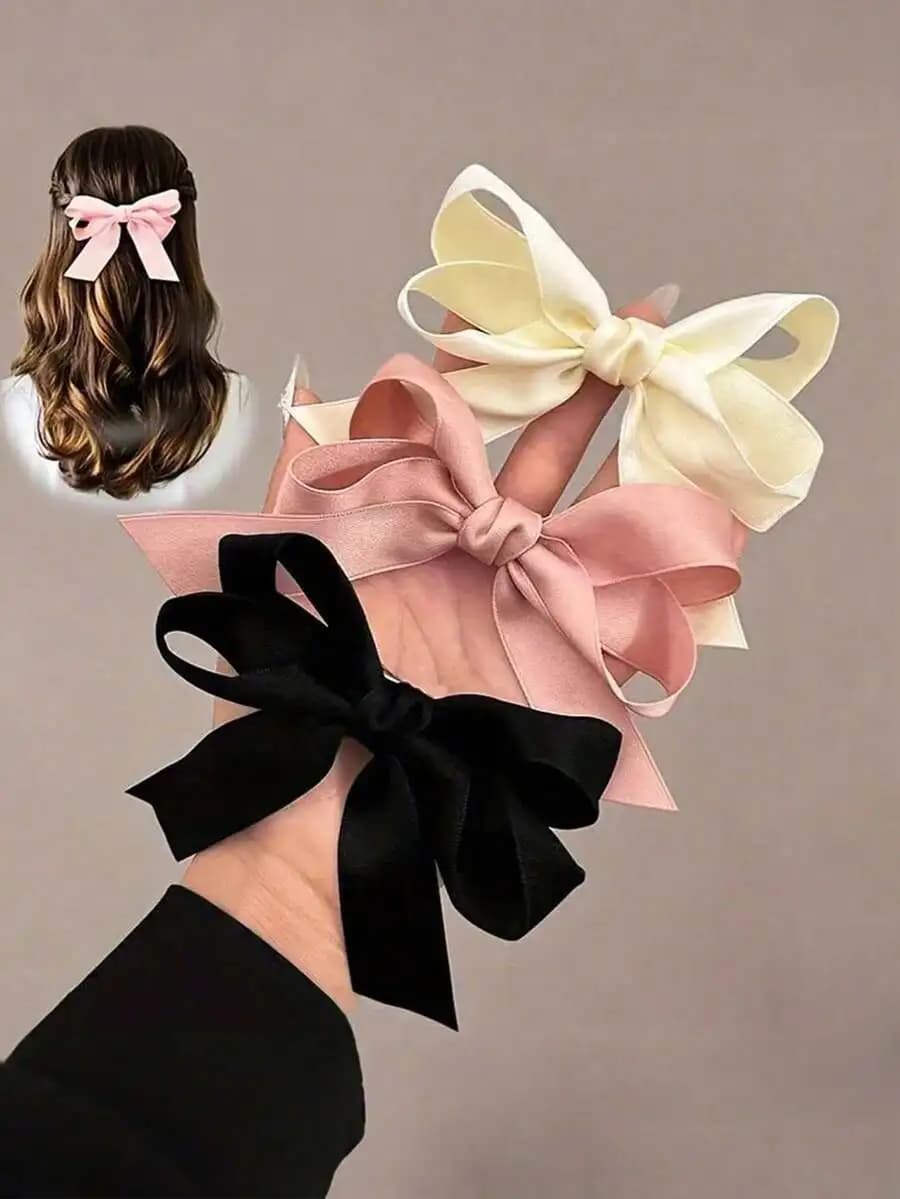3 fermagli per capelli con fiocco in raso per donna - Accessori per capelli beige, rosa e neri