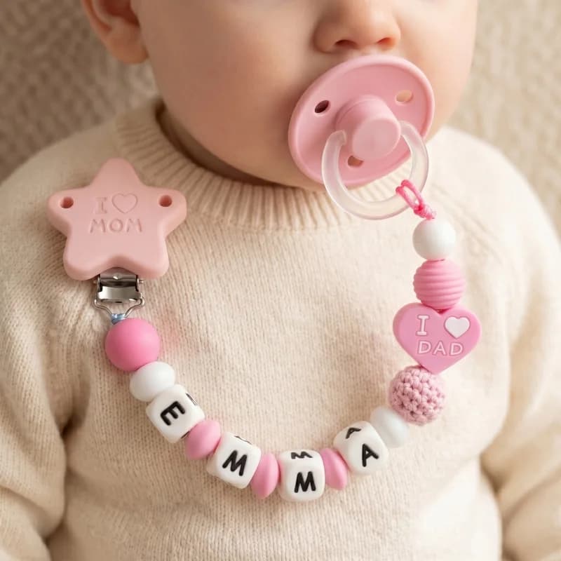 Catenella Portaciuccio Personalizzata con Nome, Clip Ciuccio in Silicone Senza BPA, Regalo per Neonato 'I Love Mom'