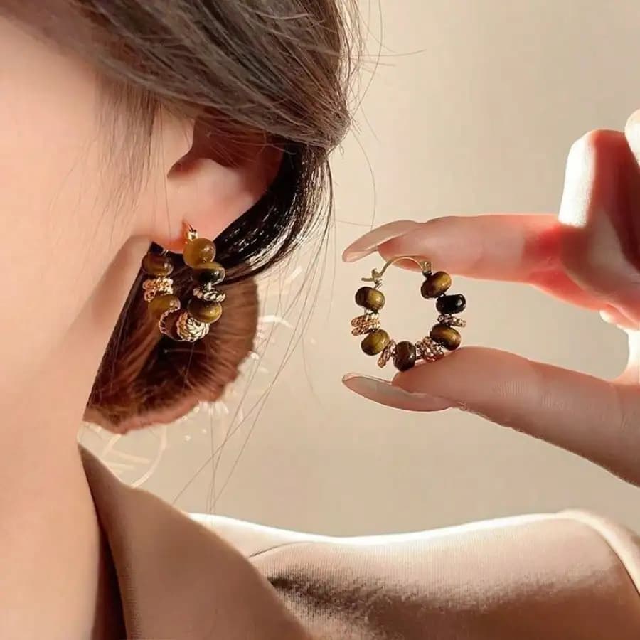 1 Paio di Orecchini a Cerchio con Perline in Occhio di Tigre, Gioielli Vintage Boho per Donna, Accessorio per Feste e Uso Quotidiano
