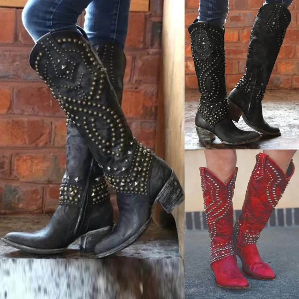 Rivet Western Cowgirs Boots Pointed Toe Knee High Knight Boots Autumn Winter New Fashion Women's High Top Motorcycle Boot