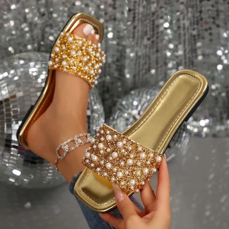 Women's Slippers Flat Sandals with Rhinestone Summer Slippers Fashion Crystal Comfort Non-slip Beach Shoes Women's Shoes Women's Slides