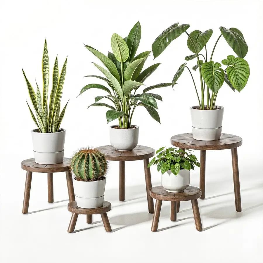 Supports for Interior Wood Plants, Set of 5 Support Singles for 6-12 Inch Vase, Mid-Century Modern Style Plant Stool, High Support for Large Plants