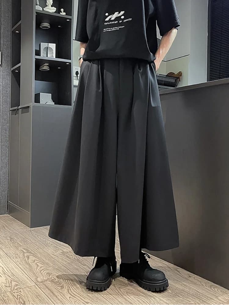 Pantaloni Neri in Seta Ghiaccio a Gamba Larga da Uomo, Casual Estivi Sottili, Pantaloni Sumi a Nove Punti, Nuovo Stile Cinese, Pantaloni a Gonna, Taglio Dritto Ampio