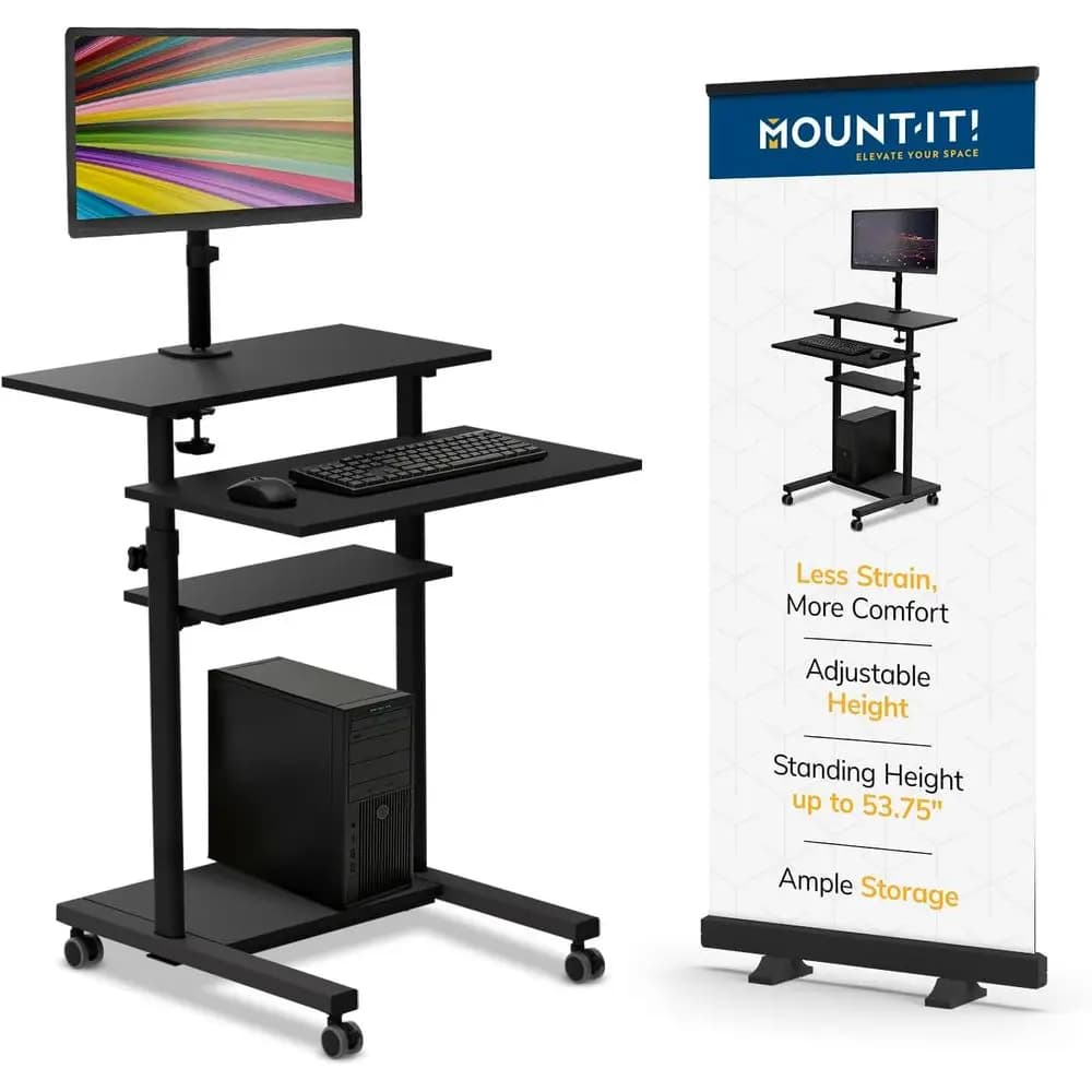 Portable Rolling Computer Cart with 32 Monitor Mount, Adjustable Height up to 53, Laptop Stand for Classrooms and Offices, Black