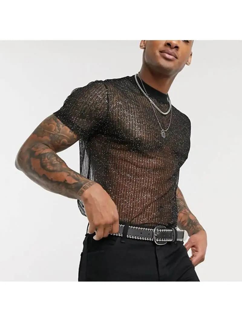 Color Breathable Base Shirt Mesh Sexy Men's T-Shirt Polyester Fiber Slim Fit Short Sleeve round Neck Youth Fashion Daily Wear