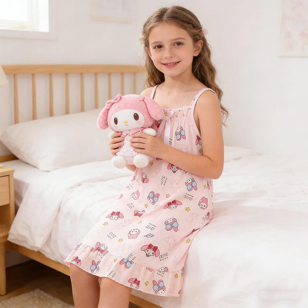 Camicia da Notte per Bambine con Stampa My Melody, Pigiama Senza Maniche con Orlo a Volant, Abbigliamento Estivo per Bambini