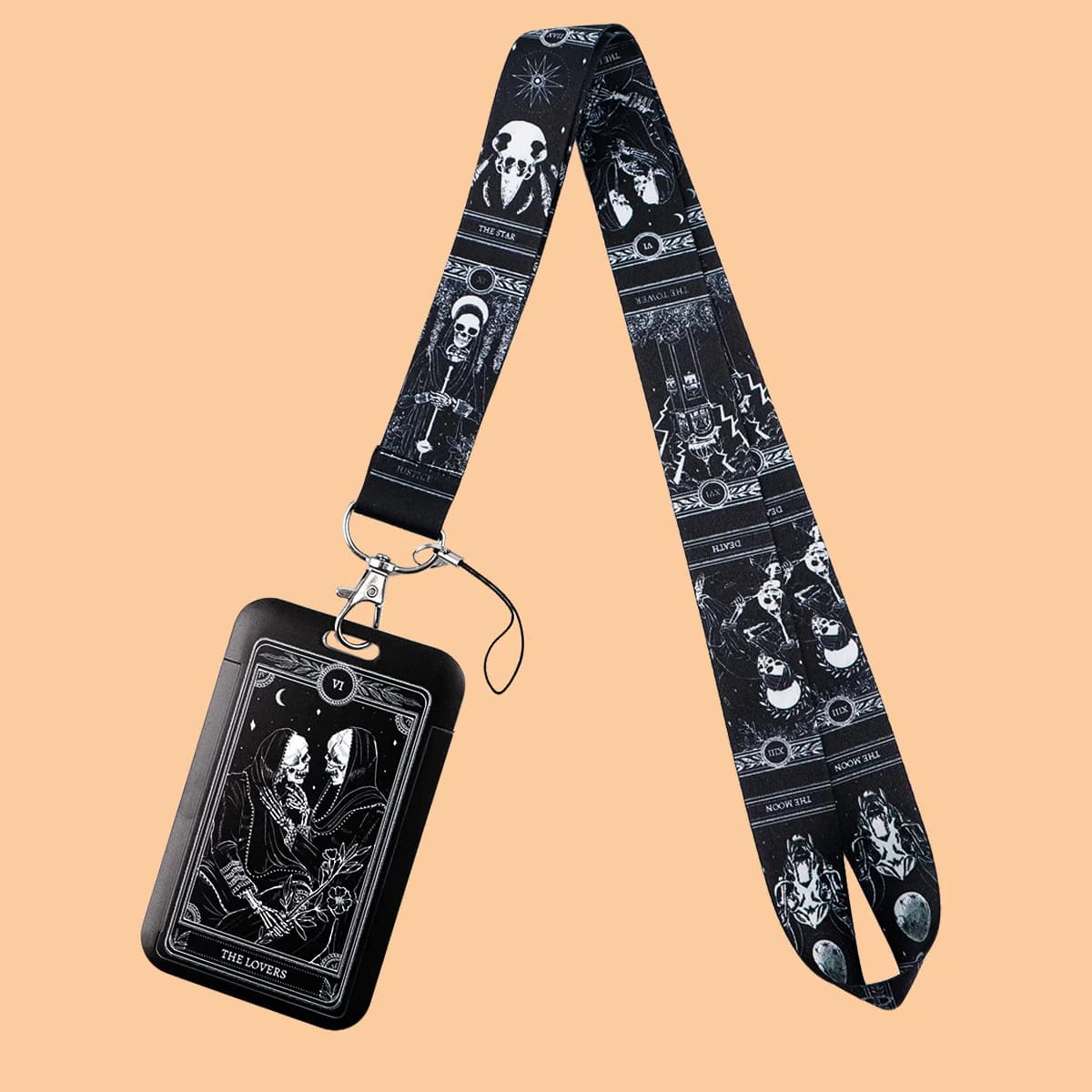 Porta Carte con Cordino a Tema Teschio Tarocchi per Studenti, Porta Badge con Cordino, Accessori Portachiavi, Regali