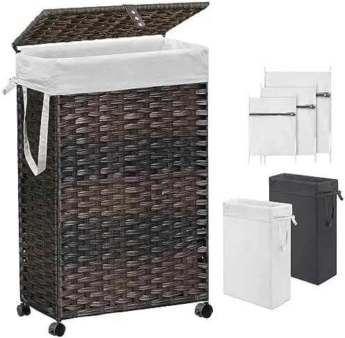 70L Slim Laundry Hamper with Lid & Wheels, Rolling Laundry Basket with 2 Removable Liner Bags & 3 Mesh Bags, Narrow