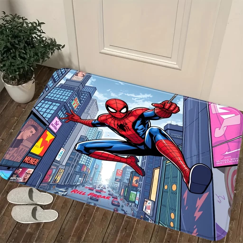 Authorized 1pc Cartoon Printed Rug, Spider- Swinging Dynamic Pose Red Blue Tight Suit Classic Web Pattern Background Neon Sign