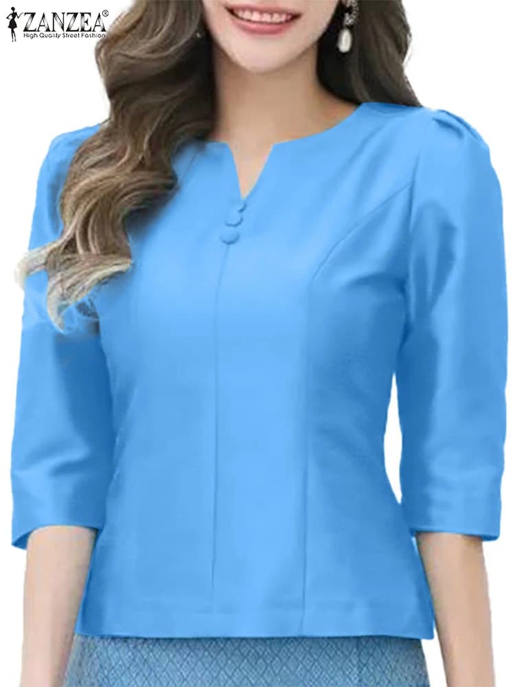 ZANZEA Women's Tunic Vintage Shirts with V-neck Elegant Shirts in Solid Color 2025 Summer Casual 3/4 Blusas oversize sleeve