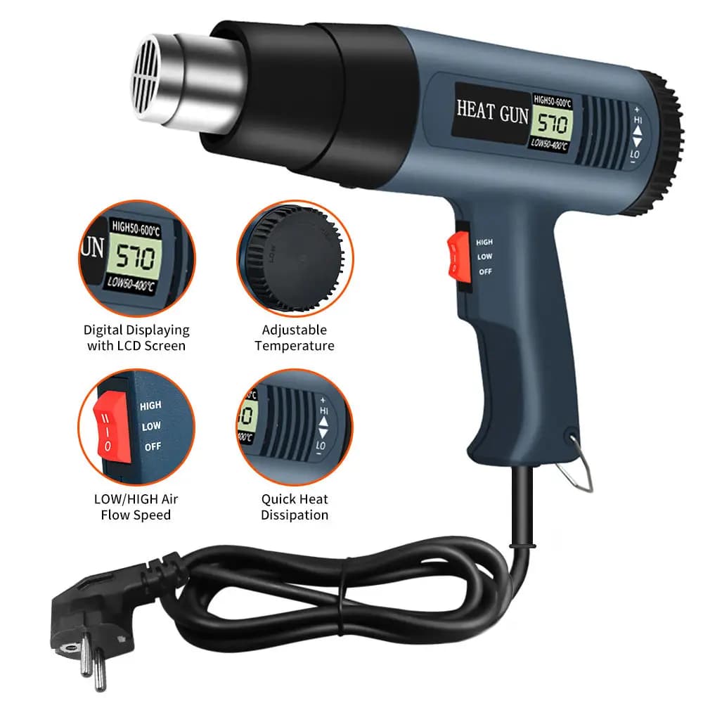 2000 Watts Fast Heating Variable Temperature Adjustable Two Air Flow Speed Heat Gun Hot Air Gun With LCD Digital Displaying