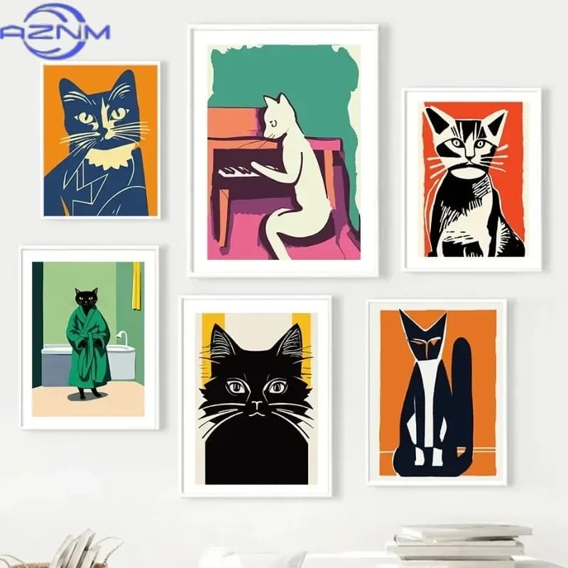 Minimalist Cat Portrait Red Wine Jazz Music Piano Abstract Posters Prints Canvas Print Wall Art Picture Living Room Decor Pos