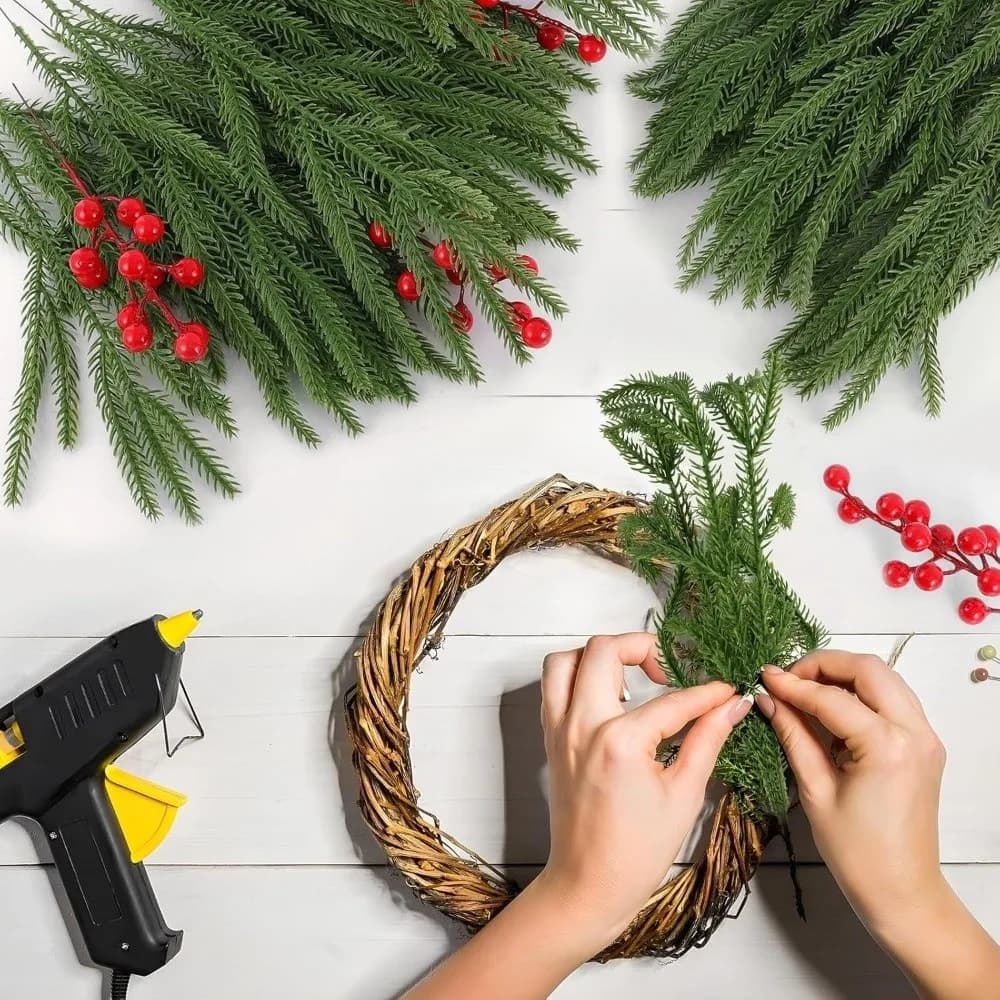 12pcs Green Soft Rubber Artificial Pine Branches Plastic Plant Simulated Pine Needles Festival Decoration Tactile Soft