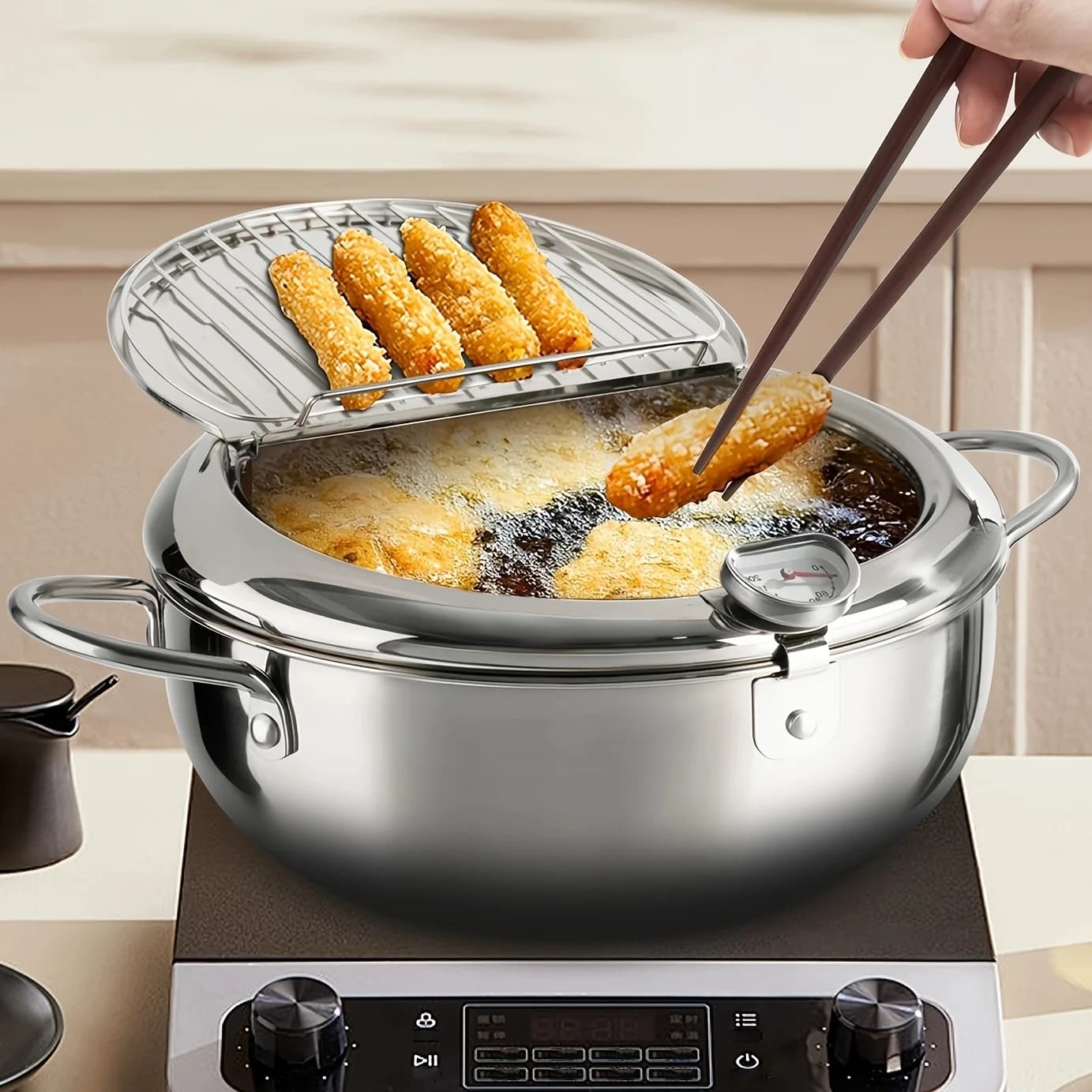 Stainless Steel Deep Frying Pot - Large Capacity Healthy Oil Drainage System, Precise Temperature Control, Compatible with Gas & Induction Stoves - Perfect for Japanese Tempura, Valentine's Day Gifts & Party Kitchen Accessories, Home Frying Pan, Sleek Kit