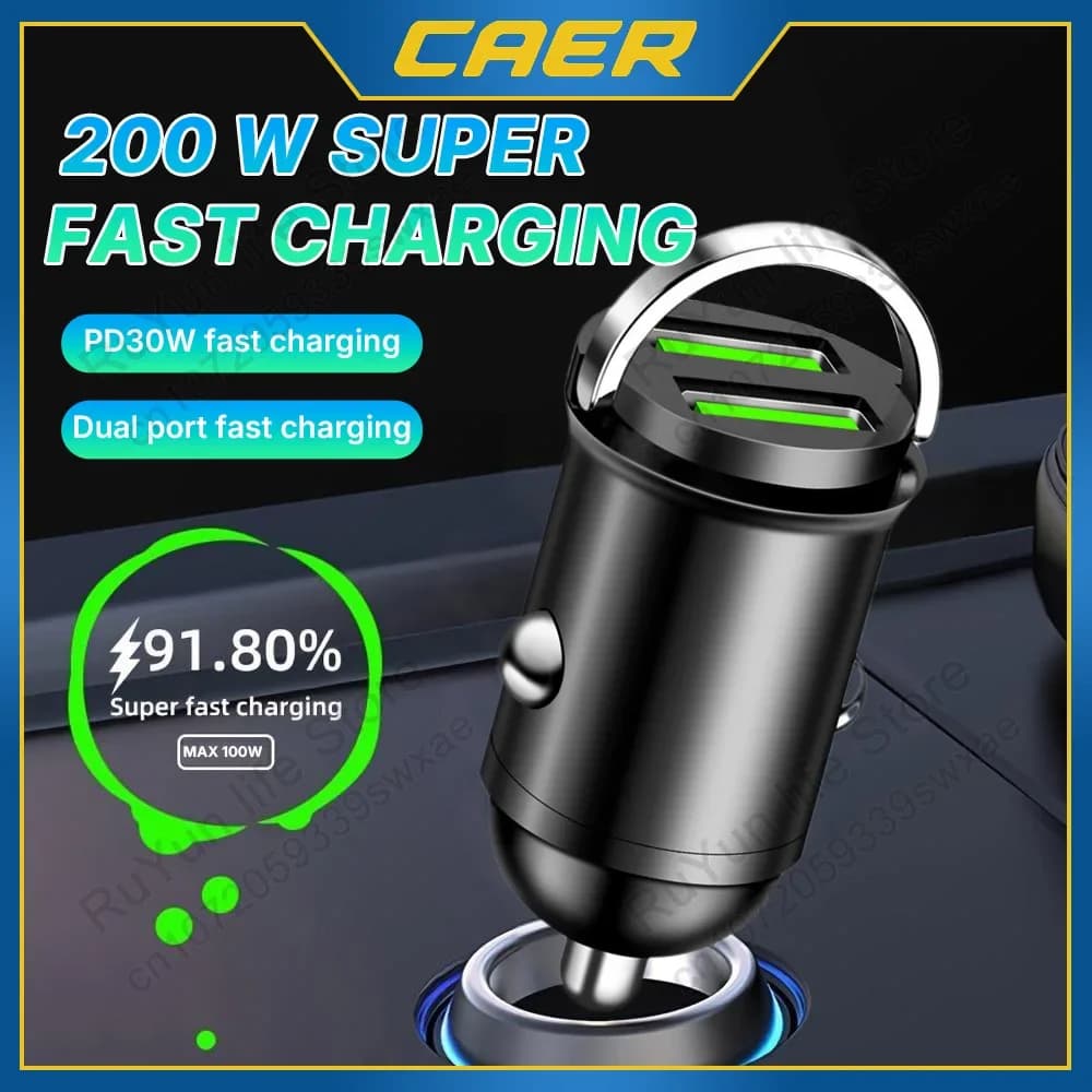 Mini caricabatteria da auto da 100/200 W ricarica rapida per iPhone Samsung Huawei doppia porta USB presa accendisigari adattatore in lega di alluminio