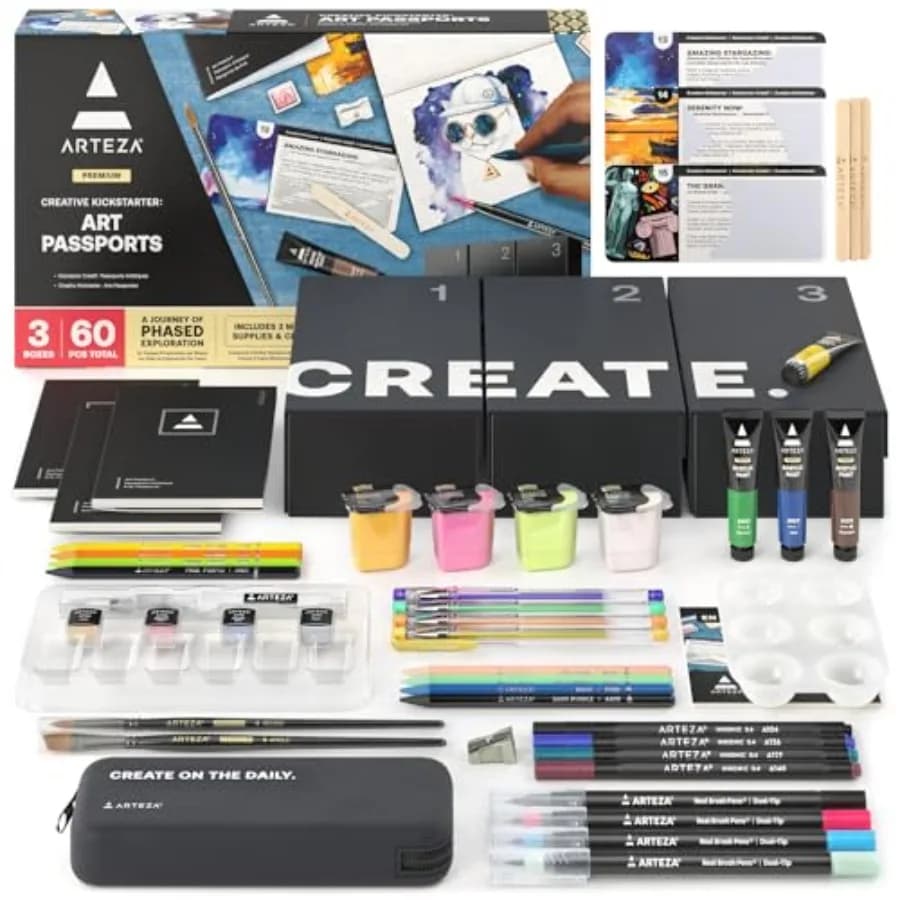 Set Creativo per Esplorazione Artistica - Passaporti con Penne Gel, Acquerelli, Colori Acrilici, Pennelli e Altro, Phased Art