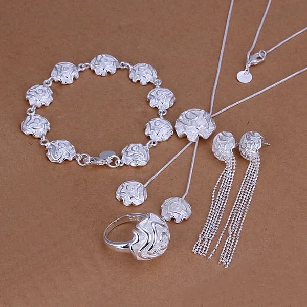 Hot wedding jewelry noble elegant roses flower ring necklaces bracelets bead chain Stud Earring 925 sterling silver jewelry sets