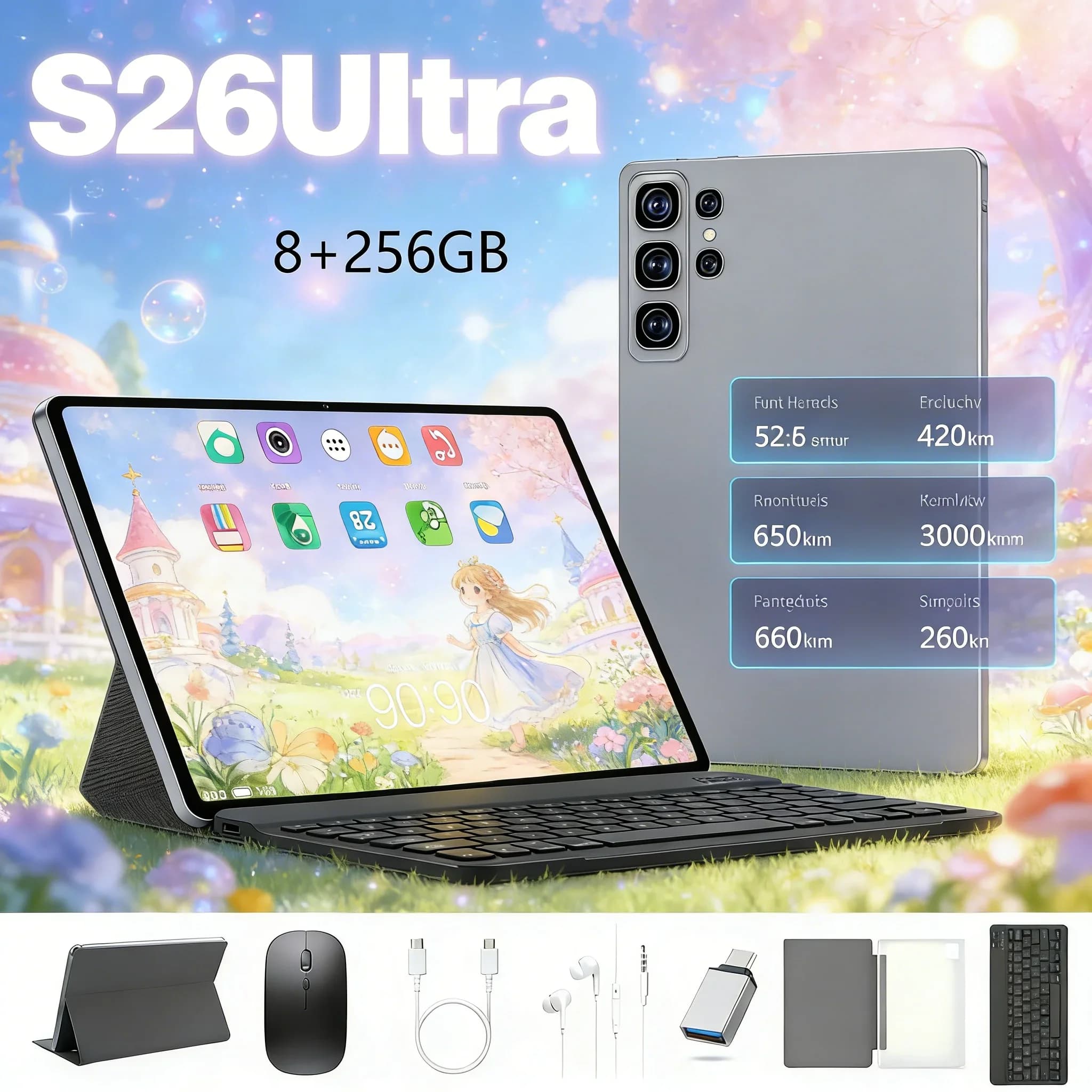 Tablet S26 Ultra 8+256GB Android 15 con GPS, WiFi, Dual SIM, Sbloccato, PC Tablet Intelligente