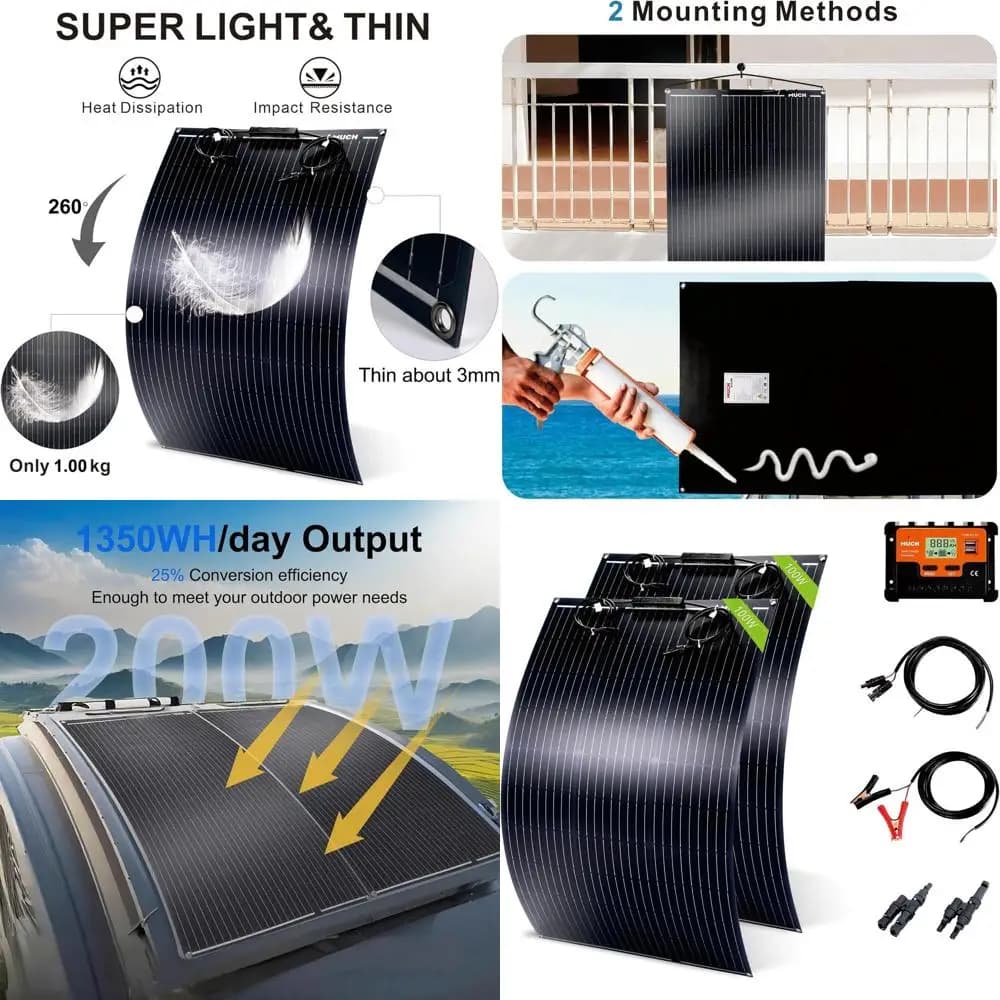 Kit Pannello Solare Leggero e Flessibile - 200W Monocristallino per Ricarica Batterie 12-24V, Ideale per Campeggio e Uso Esterno