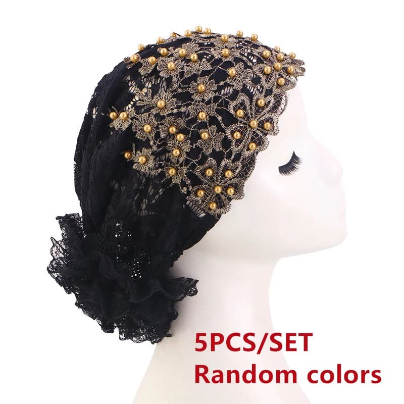 5PCS/Set Lace Beaded Turban Indian Hat Women Chemo Cap Flower Embroidery Headscarf Muslim Hijab Beanies Bonnet Hair Loss Scarf