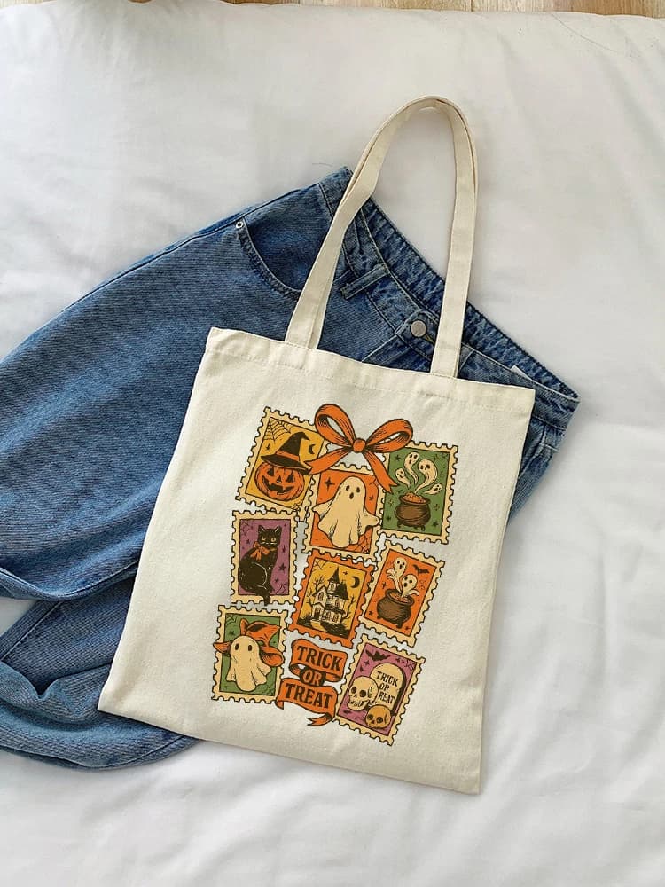 Vintage Halloween Cat Ghost Girly Preppy Canvas Shopping Tote Bag Cute Witchy Pumpkin Handbag Shoulder Bag Art Packaging Bag