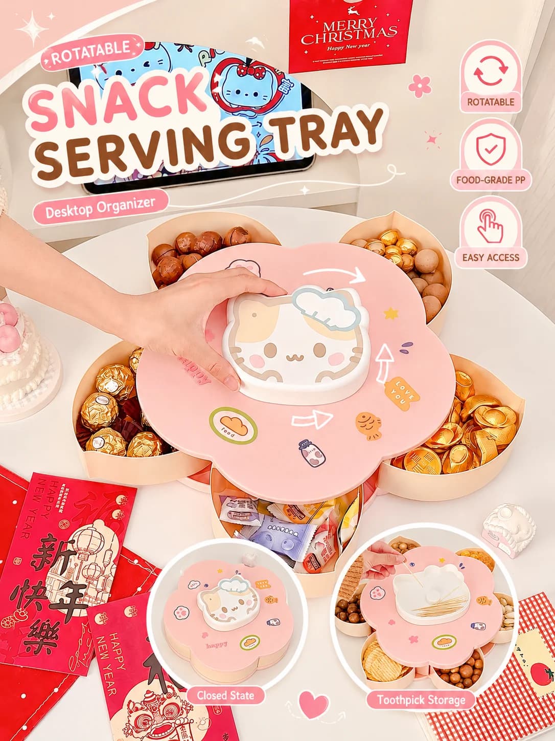 Rotatable Cute Cartoon Divided Snack Storage Tray Food Grade Divided Nut Multi Grid Candy Dried Fruit Tray Holiday Party Daily