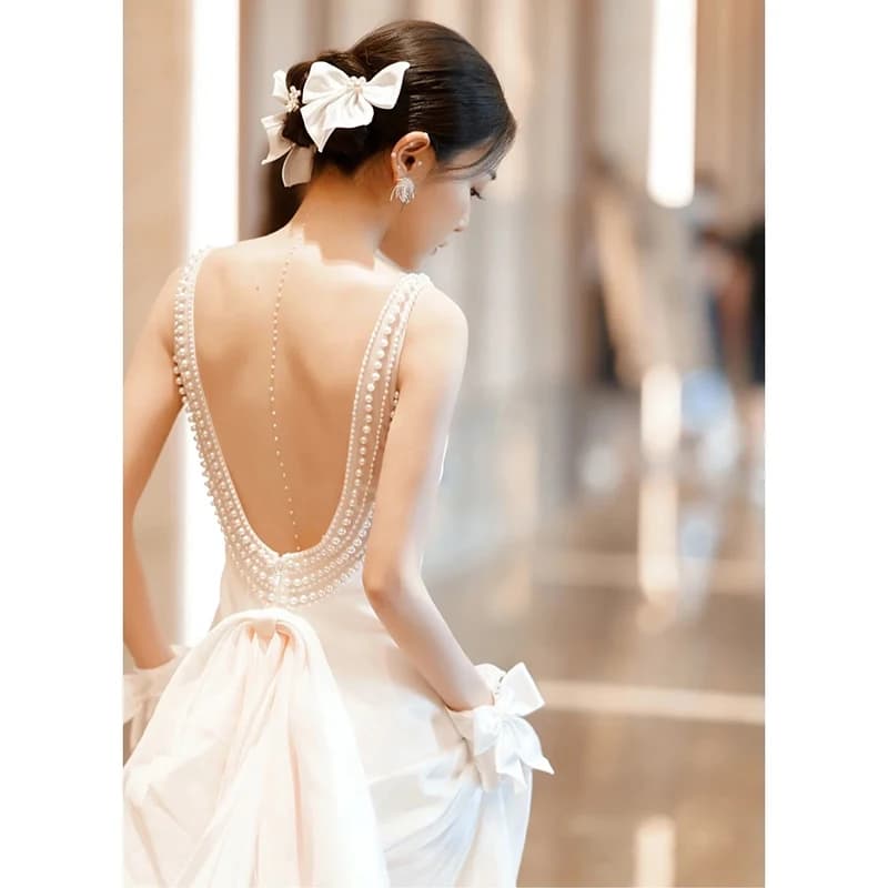 Abito da sposa leggero in stile coreano, senza spalline, stile foresta, super fatato, per la nuova sposa, per servizio fotografico all'aperto, a coda di pesce, senza schienale, slim fit.