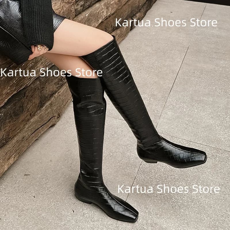 Knee Boots with Women's Crocodile Pattern Design with Square Tip Loose Dress Autumn Women's Daily Botas Long