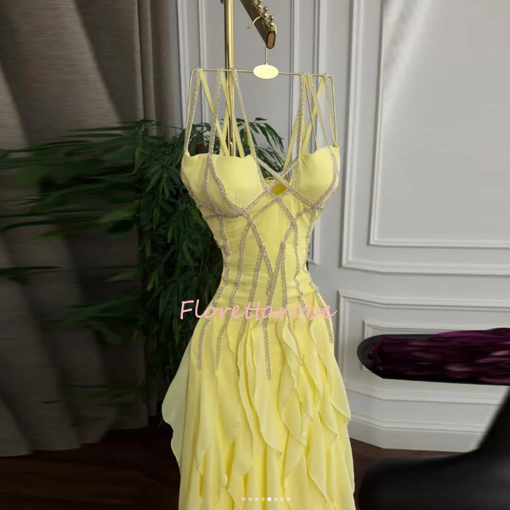 Customized Elegant Ruffled Chiffon Evening Dress Beaded Spaghetti Straps A Line Formal Prom Gown for Women