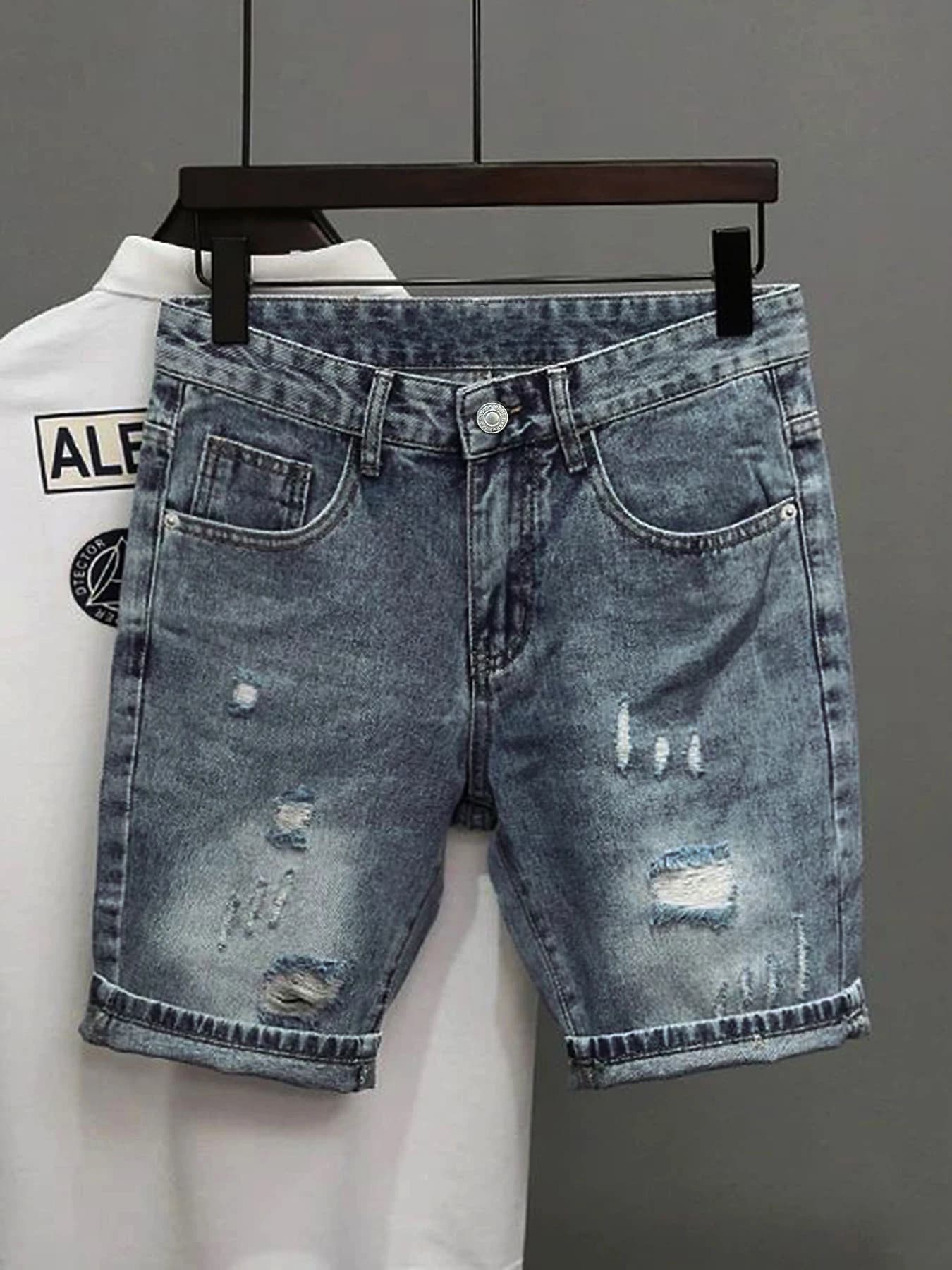 Shorts in Denim Azzurro Chiaro da Uomo, Estivi, Strappati, Stile Y2K, Bermuda al Ginocchio, Jeans Casual Streetwear Coreano