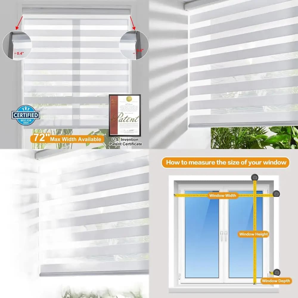 Tende a Rullo a Doppio Strato con Controllo della Luce, 72x72 Bianche, Filtranti Giorno e Notte, Facili da Installare per la Casa