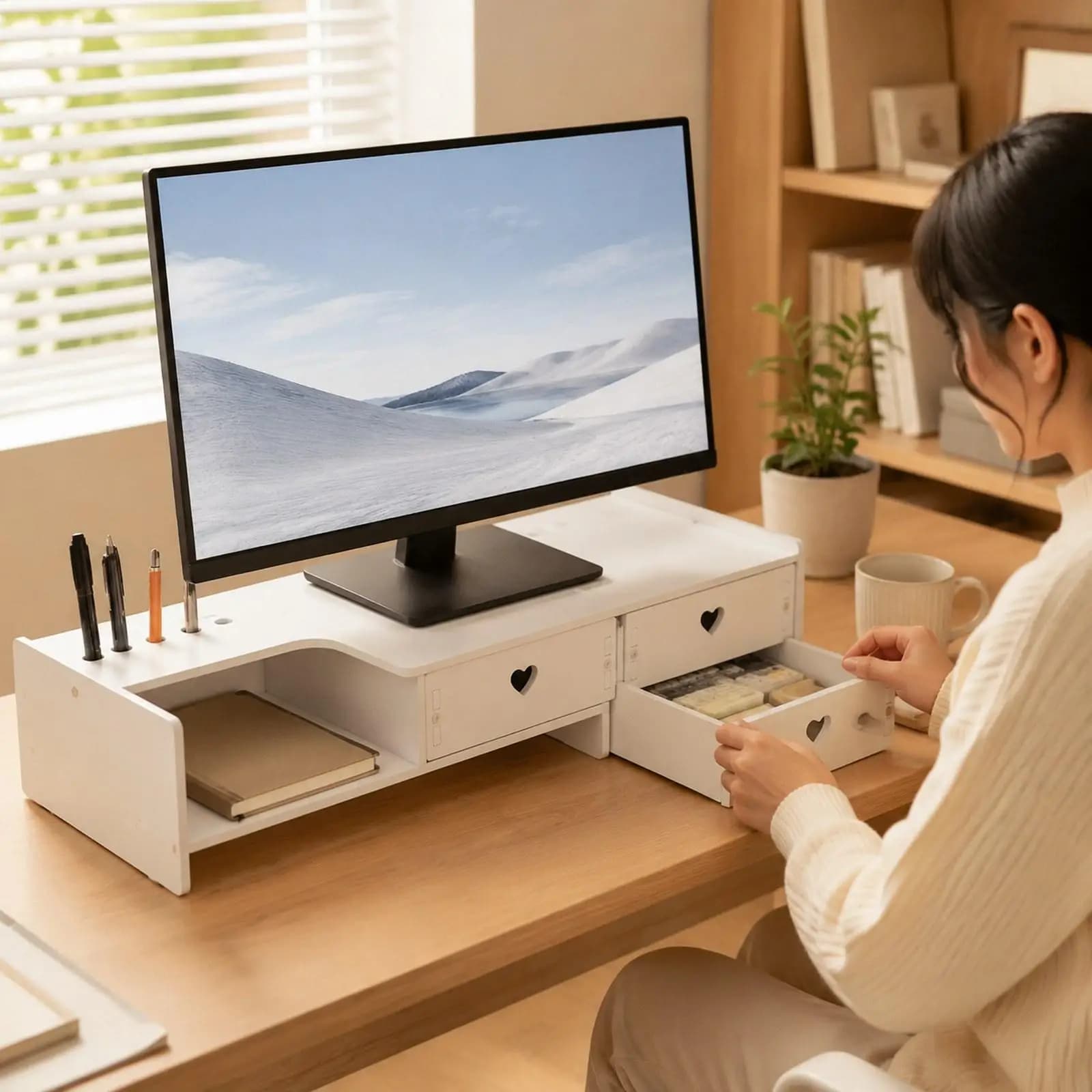 Multifunctional, ergonomic monitor stand, space-saving with storage drawer,