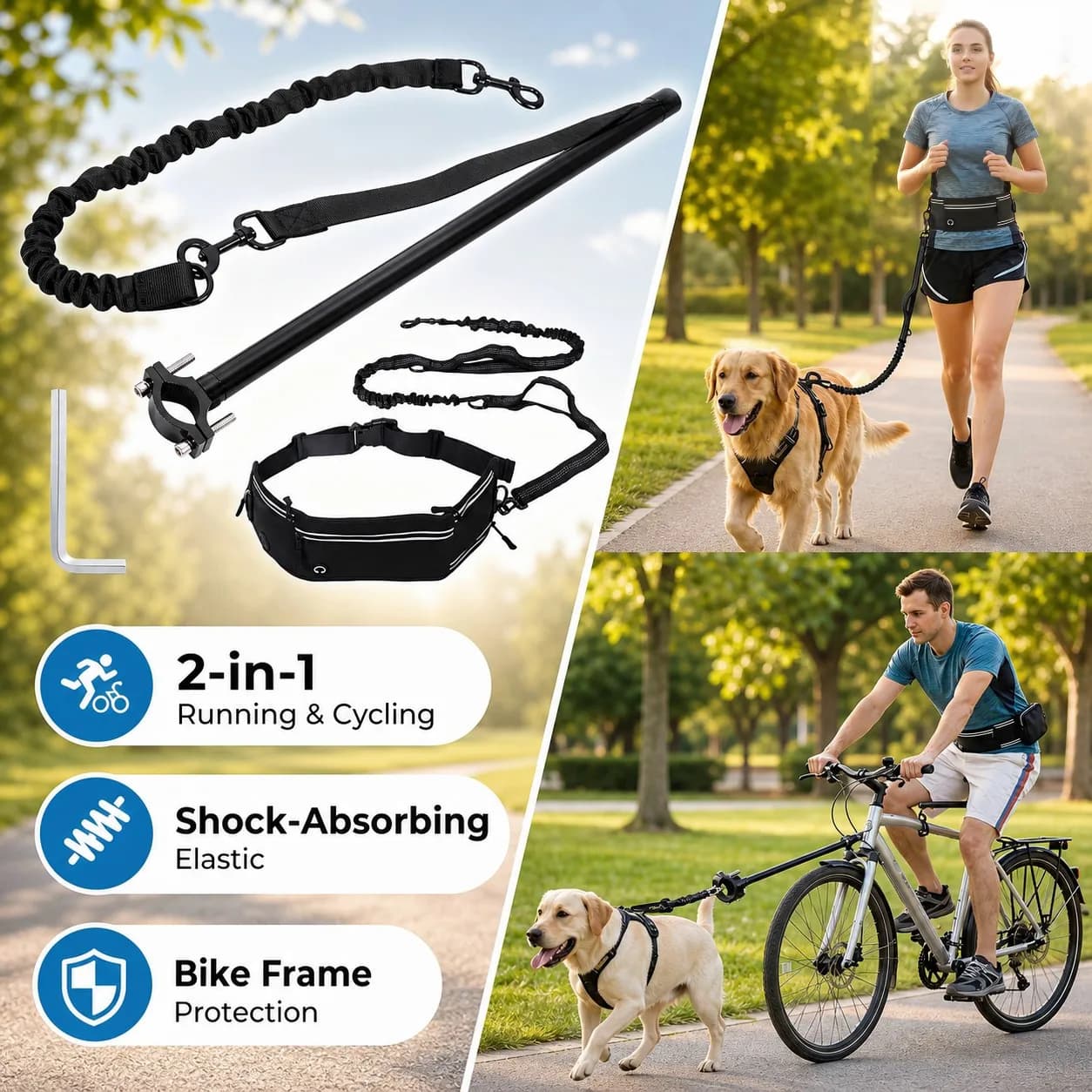 Hands Free Dog Leash for Running and Cycling Dual Bungee Belt Bike Attachment Anti Scratch Pads for Medium Large Dogs