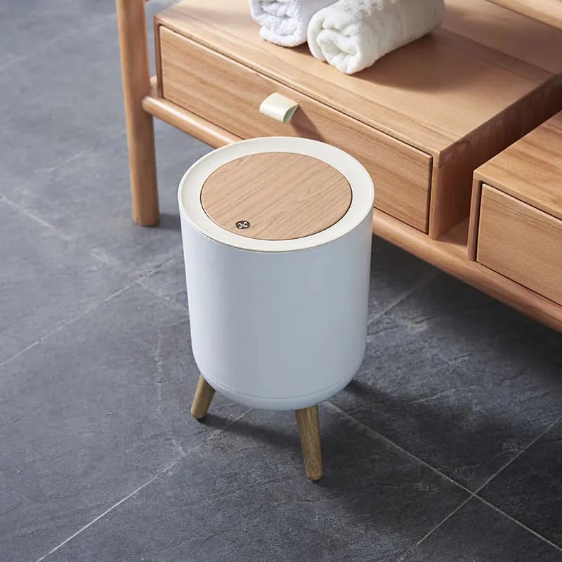 Wooden High Foot Trash Can For Bathroom Creative Kitchen wastebin with Press Cover Living Room Toilet Garbage container