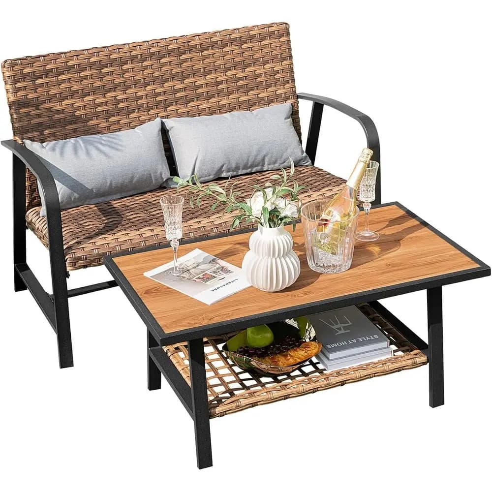 Set Divano a Due Posti in Rattan da Esterno con Cuscini Lombari e Tavolino, Ideale per Balcone, Giardino, Bordo Piscina