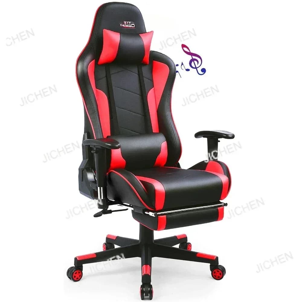 Sedia da gioco con poggiapiedi Altoparlanti Sedia da videogiochi Musica Bluetooth Sedia da scrivania ergonomica per computer resistente rossa