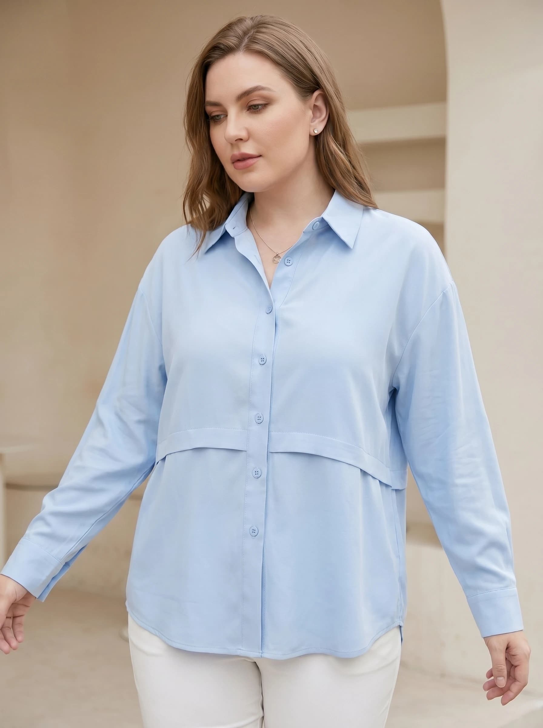 Gadinus Plus Size Women's Loose Button Down Shirt Long Sleeve Collared Casual Blouse with Front Seam Detail