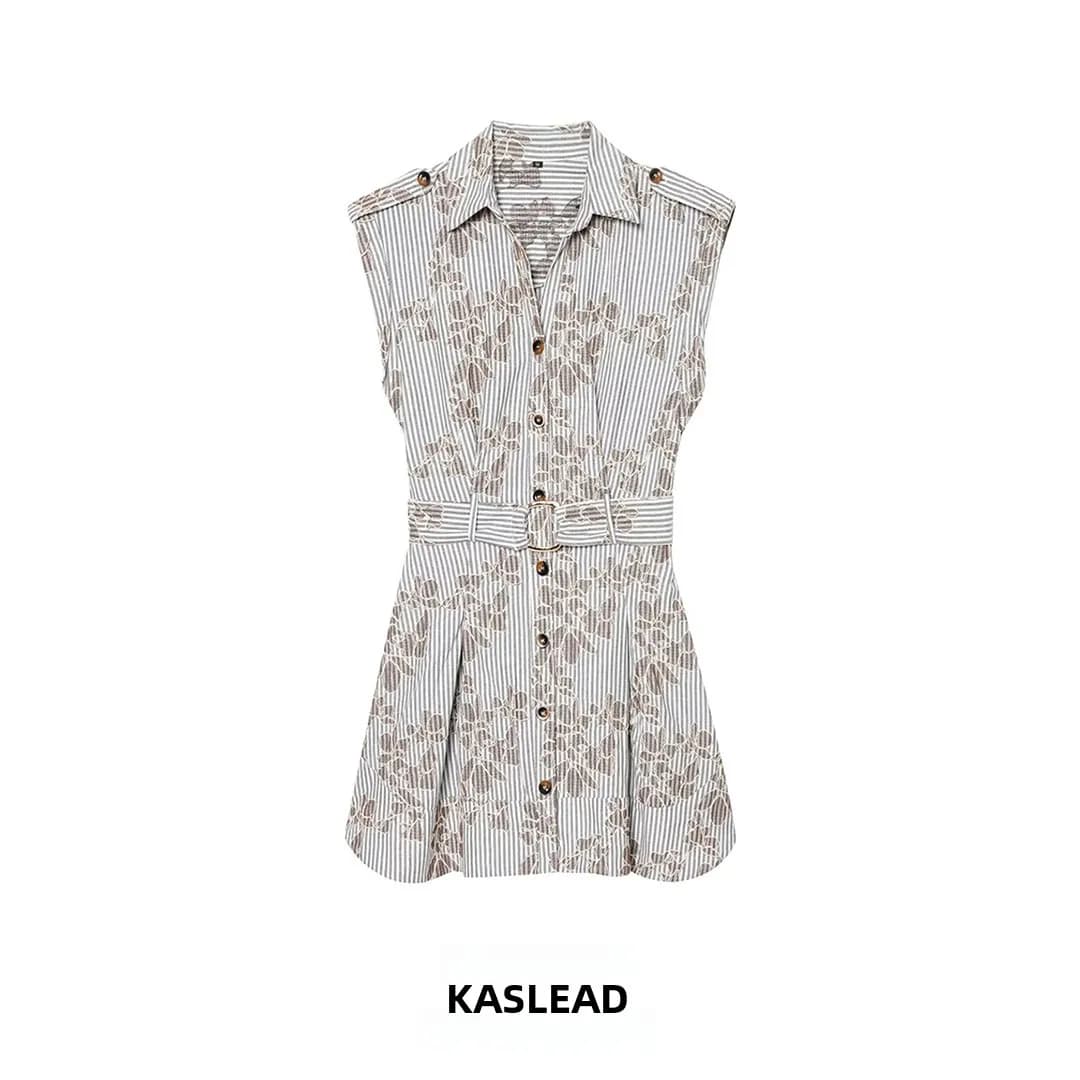 KASLEAD Nuovo Abito Elegante da Donna con Cintura Ricamata e Perline, Stile Camicia, in Tessuto di Poliestere, Collezione Primavera