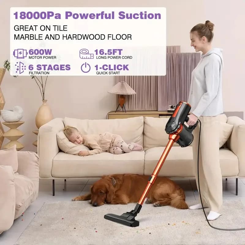 Aspirapolvere Portatile con Filo da 600W, 18KPa di Aspirazione, Bassa Rumorosità 48dB, Design Leggero 4-in-1, Portatile per Uso Domestico