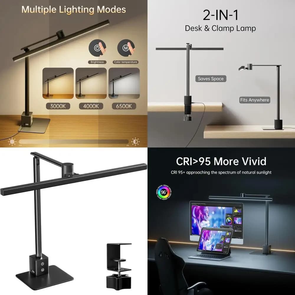 LED desk lamp 2 in 1 with clamp and USB charging, CRI 95+ Solar light spectrum, 45 ° Without glare, memory dimming, 3-axis adjustable shutdown