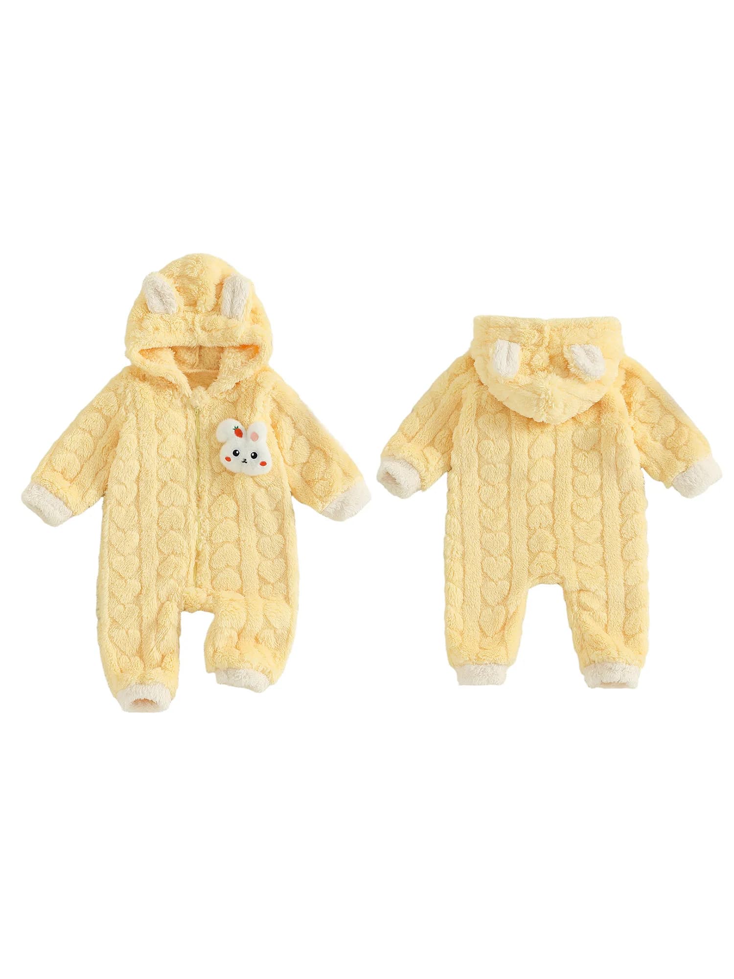 Adorabile tuta in pile per neonato con cappuccio con orecchie da orso, caldo outfit invernale con cerniera, tuta da neve con piedi per neonato o ragazza